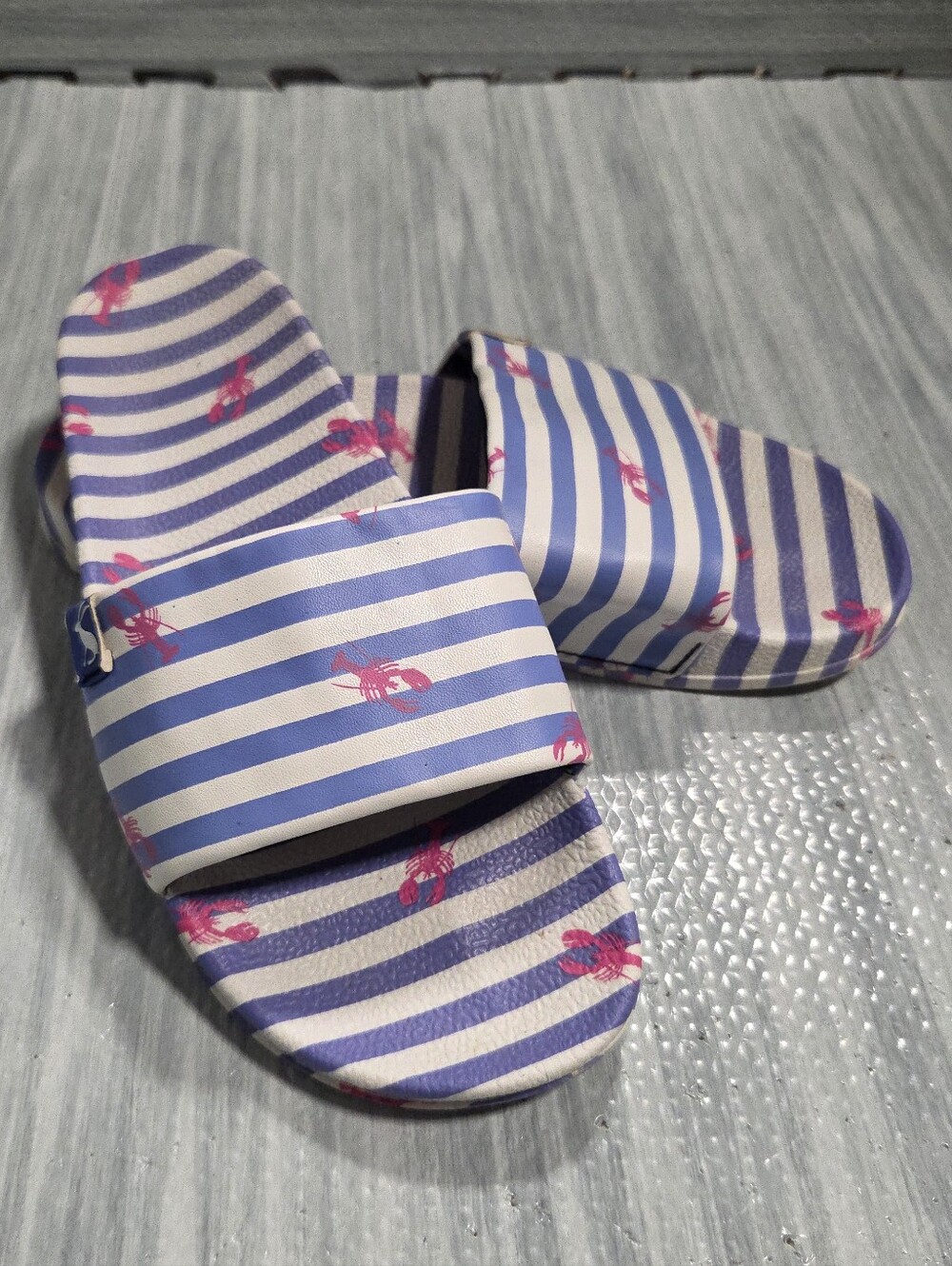 Joules Printed Slide Sandals Poolside Blue Stripe w/ Pink Lobsters - Size 36 (6)
